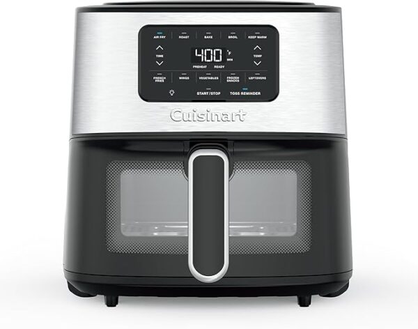 Cuisinart Air Fryer, 6-Quart Basket, 5 Cooking Functions (Roast, Bake, Broil, Air Fry & Keep Warm), 5 Presets, Dishwasher-Safe Parts, AIR-200NAS, Stainless Steel & Bl