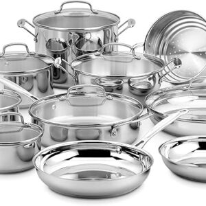 Cuisinart 17-Piece Stainless Steel Cookware Set, Chef's Classic Steel Collection with Pure Aluminum Core for Quick and Even Heat, Cool Grip Handles, Dishwasher Safe, 77-17N
