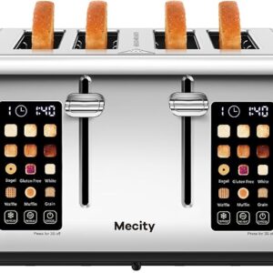 Mecity 4-Slice Toaster with Touchscreen Control, 4 Wide Slots, Stainless Steel, Dual Control Panel, Timer, Defrost & Reheat Functions, 120V 1650W