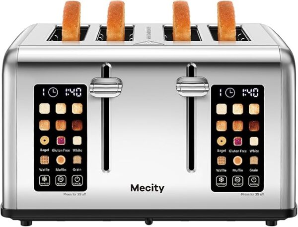Mecity 4-Slice Toaster with Touchscreen Control, 4 Wide Slots, Stainless Steel, Dual Control Panel, Timer, Defrost & Reheat Functions, 120V 1650W