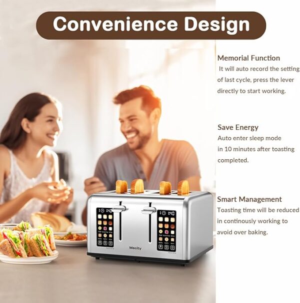 Mecity 4-Slice Toaster with Touchscreen Control, 4 Wide Slots, Stainless Steel, Dual Control Panel, Timer, Defrost & Reheat Functions, 120V 1650W - Image 4