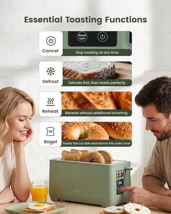 4-Slice Long Slot Touchscreen Retro Toaster with Digital Countdown, Extra-Wide Slots for Bagels & Bread, 6 Browning Levels, 5 Bread Modes, Defrost, Reheat & Cancel Functions, Stainless Steel - Image 4