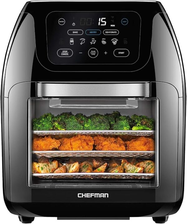 CHEFMAN Multifunctional Digital Air Fryer + Rotisserie, Dehydrator, Convection Oven, 17 Touchscreen Presets, Fry, Roast, Dehydrate, Bake, XL 10L Family Size, Auto Shutoff, Large Easy-View Window, Black