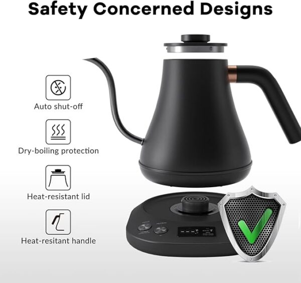 Mecity Electric Gooseneck Pour-Over Kettle, ±1°F Temperature Control, Quick Heating, Auto Shut-Off, 1200W, 0.8L, Matte Black, Barista Edition - Image 2