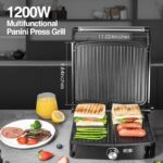 OSTBA Panini Press Grill with Adjustable Temperature, 4-Slice Indoor Grill, 180° Open Sandwich Maker with Drip Tray, Non-Stick Plates, Stainless Steel, 1200W - Image 2