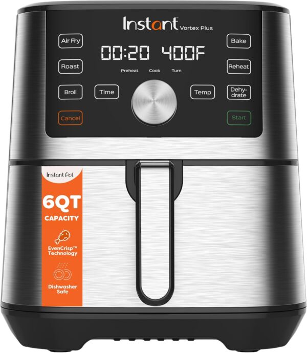 Instant Pot 6QT Vortex Plus Air Fryer, 6-in-1, Air Fry, Broil, Dehydrate, Crisp, Roast, Reheat, Bake, Dishwasher-Safe Air Fryer Basket, Stainless Steel