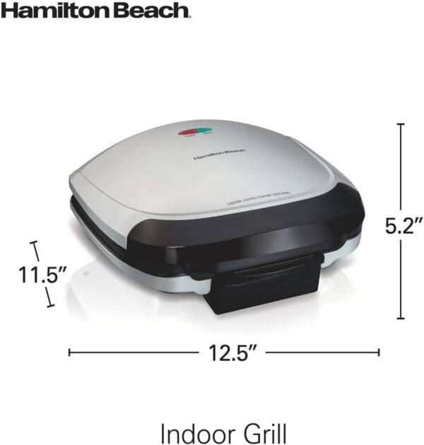 Hamilton Beach Electric Indoor Grill, 6-Serving, Large 90 sq. in. Nonstick Easy-Clean Plates, Floating Hinge for Thicker Foods, 1200 Watts, 6.38"D x 12.68"W x 13.78"H, Silver (25371) - Image 4